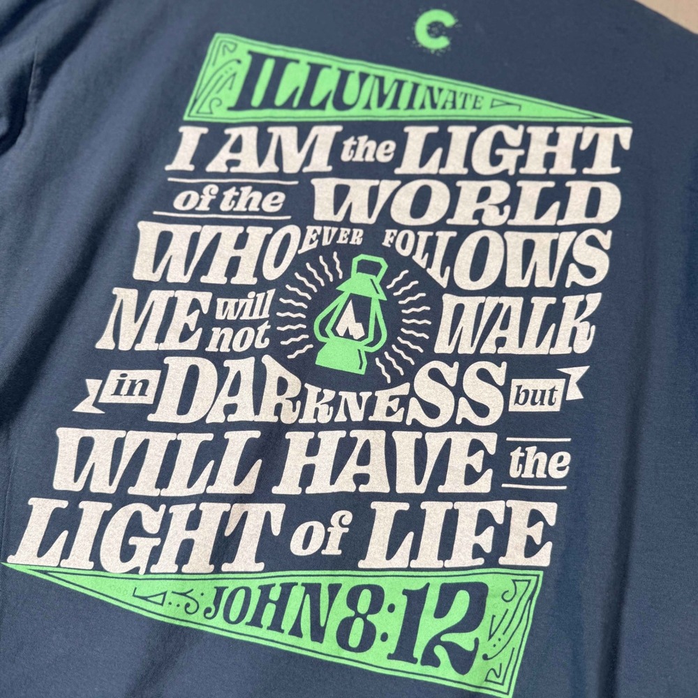 Fruit of the Loom Illuminate Congreso Graphic Tee Blue Large John 8:12 Back Hit